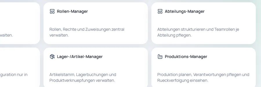 Manager-Kachelbereich fuer Lager und Produktionssteuerung