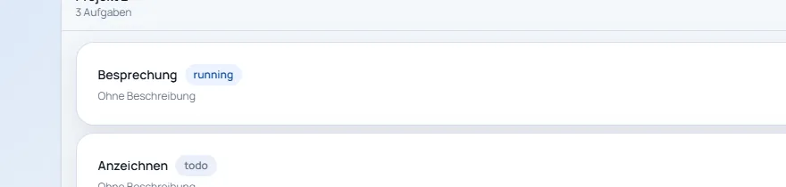 Detailausschnitt einer To-Do Karte mit Statusindikator und Start/Pause Aktion
