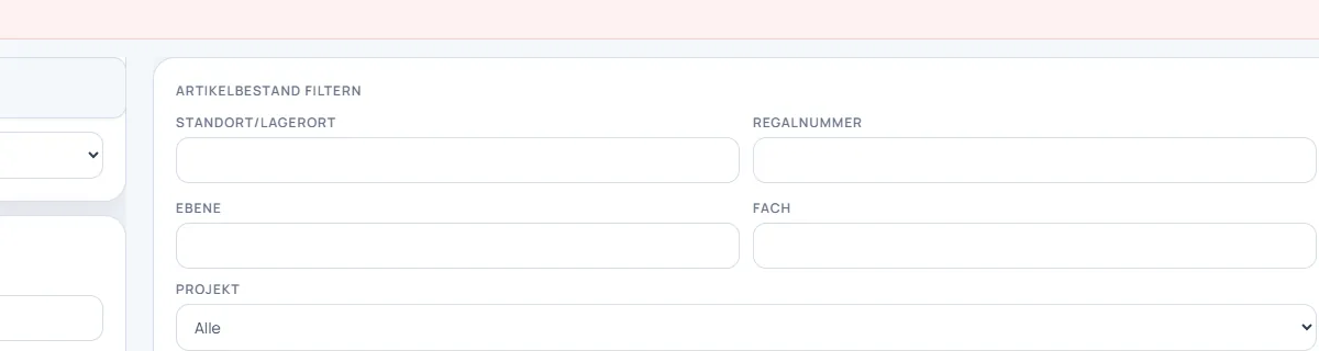 Filterbereich im Inventarmanager mit Standort-, Regal- und Projektfeldern