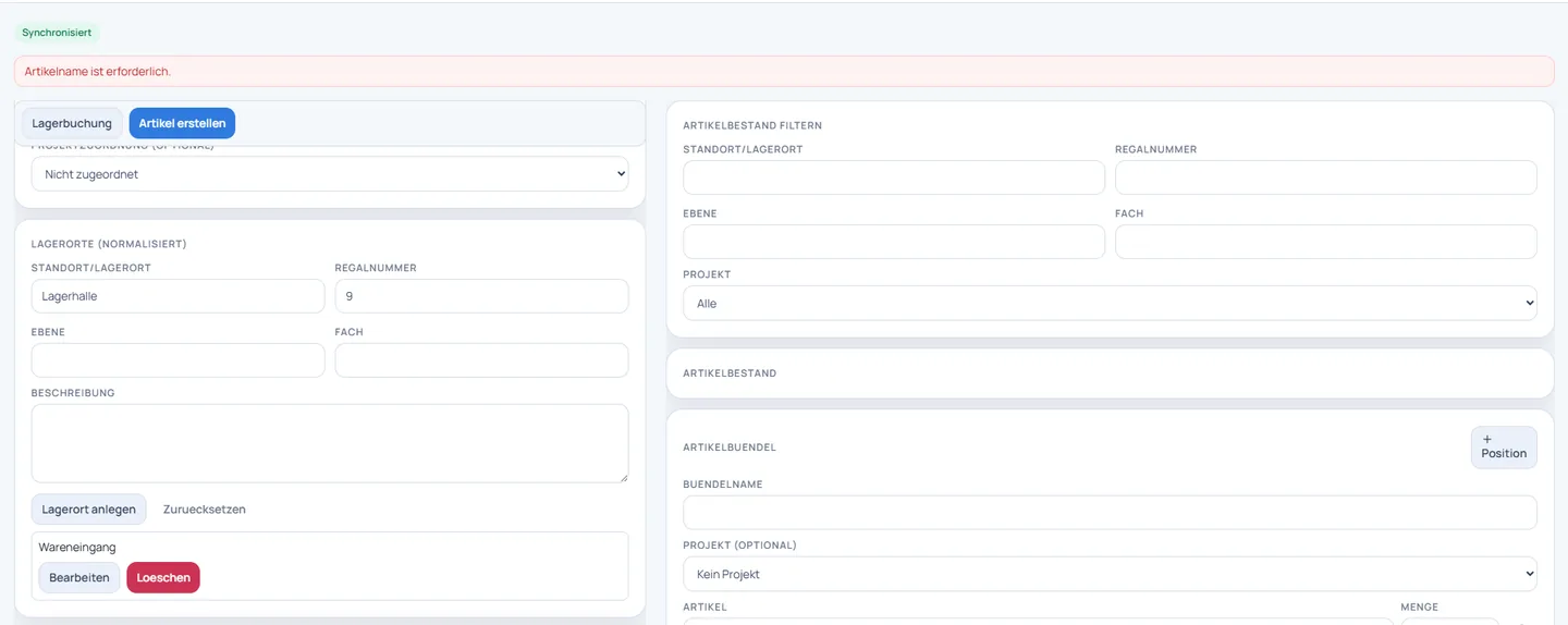 Lager und Artikelmanager mit Filtern fuer Standort, Regal und Projekt