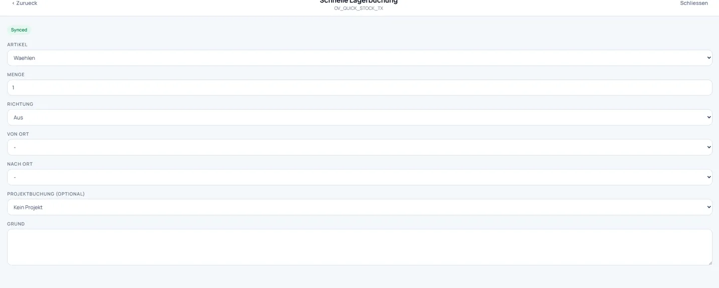 Schnelle Lagerbuchung in Chronly mit Richtung, Menge und Buchungsgrund
