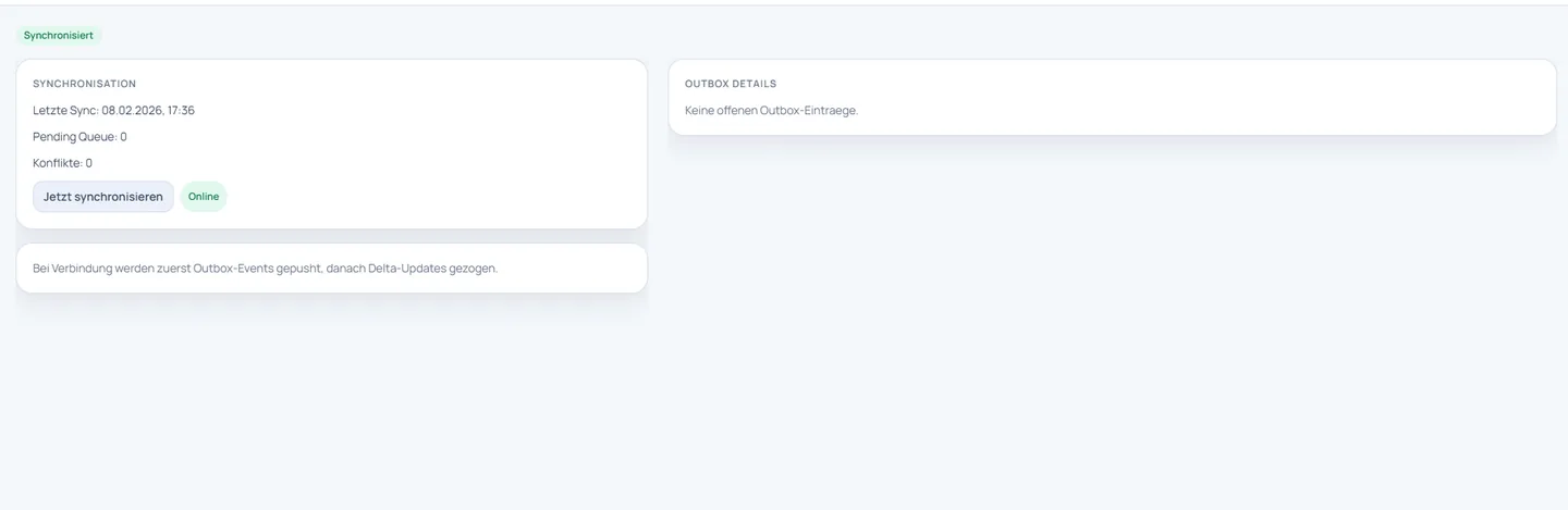 Sync-Status Ansicht mit letzter Synchronisation und Outbox Uebersicht